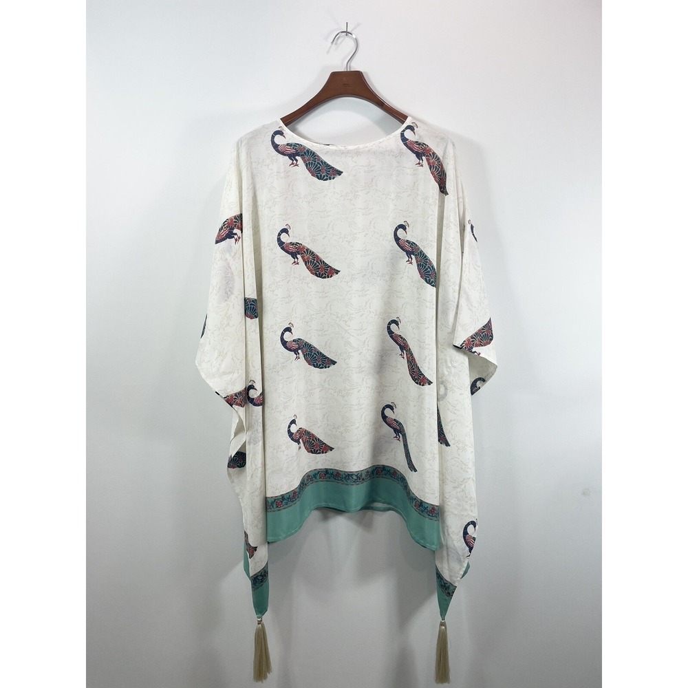 Roller Rabbit Poncho Cover Up 100% Silk Peacock Print Tassels‎ Beige Teal